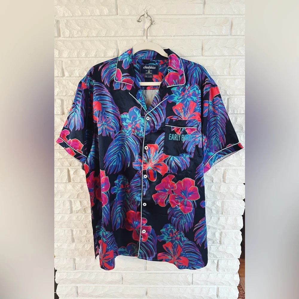 Men's Chubbies Tropical Floral Shirt and Short Pajama Set - Blue and Pink - Picture 2 of 9